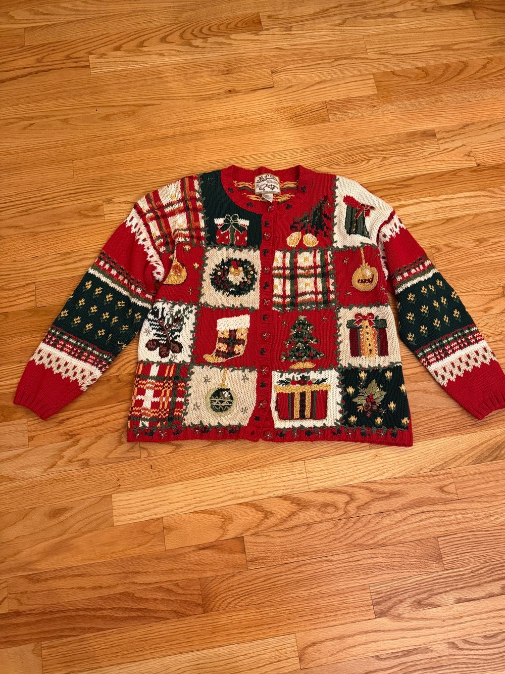 Women’s Red Patchwork Holiday Cardigan Sweater